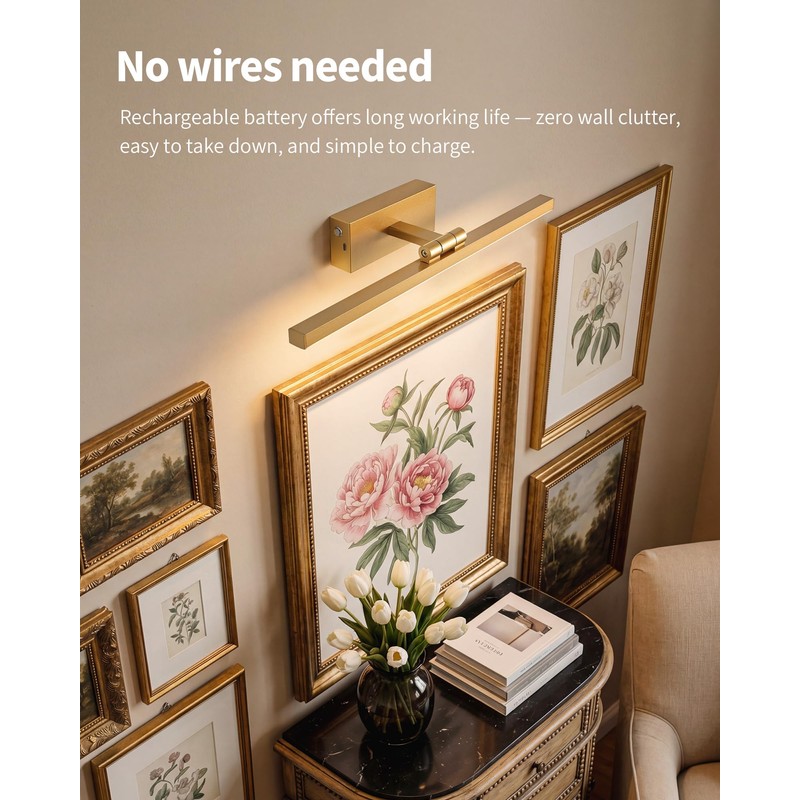 PUSU Picture Lights Set of 2, Gold Cordless 15.7 inch