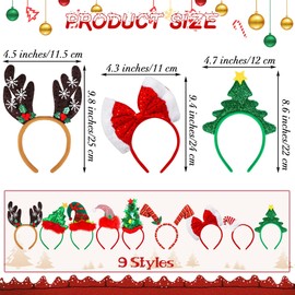 Aodaer 9 Pack Christmas Headbands Elf Hats Headwear Assorted Christmas Tree Reindeer Costume Hair Hoop for Christmas Party Supplies