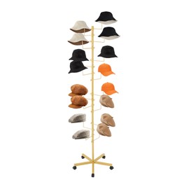 HaoYunNe Freestanding Hat Rack Organizer 16 Hooks Metal Hat Display Stand Holder with Wheels for Home Retail Stores Clothing Stores, 30lbs Loading, 70.87in Height (Gold)