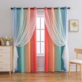 Indistar Cortinas opacas con diseño de rayas coloridas para recámara, 2 capas de tela y tul, bonita cortina de ventana para habitación de niños, 1 panel (52 x 95 pulgadas, arco iris)