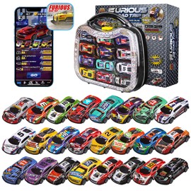 Golden Wheel 24 Race Cars Pack - 1:64 Vehicles Stamp Metal Mini Pull Back Cars Set with Transparent Carry Case & Free Online Games - Hot Toy Birthday Party Gift for Kids Ages 3+ Years Old