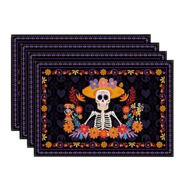 Artoid Mode Day of The Dead Placemats Set of 4, 12x18 Inch Dia De Los Muertos Table Mats for Party Kitchen Dining Decoration