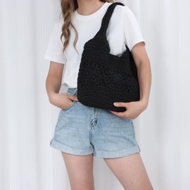 EVEOUT Women Straw Tote Bag Summer Woven Beach Bag Large Boho Faux Raffia Shoulder Bag for Holiday Travel