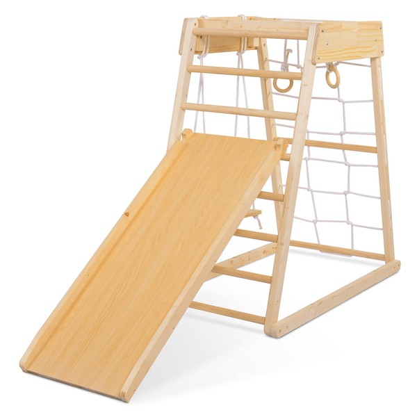 Ogelo Triangle Climber,Indoor Playground Wood Playset 7-in-1 with Jungle Gym, Ramp, Slide, Swing, Swedish Ladder, Monkey Bars, Rope Ladder, Rock Wall Dome for Kids Ages 1-6