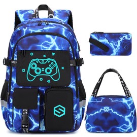 Scothen Boys Backpack, Cool Luminous School Backpacks for Boys with Lunch Bag Pencil Case, Kids Backpack Kindergarten Elementary Middle School Book Bags for Teen Boy Children with USB Charging Port