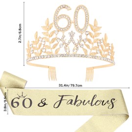 Wanciler Rhinestone Tiara & Fabulous Sash Set - 60th Birthday Tiara and Sash for Women, Gold Leaf Birthday Party Supplies