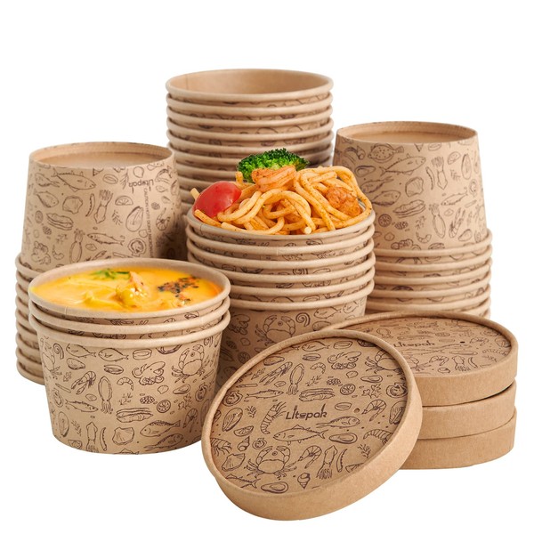LITOPAK 50 Pack 8oz Paper Containers with Vented Lids, Kraft Paper Food Cups, Soup Containers Cups With Lids，Disposable Soup Bowls For Hot Soup For Storing Food Or Carrying Out.