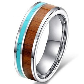 Fashion Month Womens 6mm Tungsten Ring Vintage Wedding Engagement Band with Koa Wood Solid Turquoise Flat Top for Her Size 7