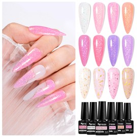 MTSSII 12 Pcs Rubber Base Gel for Nails, Jelly Gel Nail Polish Set Nude Pink Neutral Transparent Milky White Sheer Pink Gold Foil Cloud-pattern Brocade Strengthen/Enhance/Base Coat/Color Gel Polish