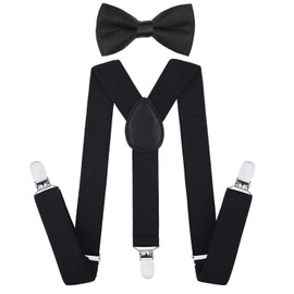 Kids Boy Suspenders Bowtie Set - Adjustable Child Suspender for Toddler and Girls, 30 Inches (6 Years to 5 Feet Tall), Black