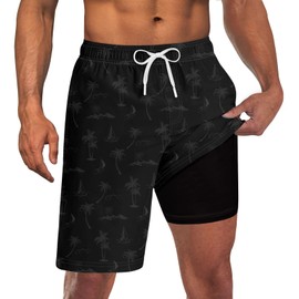Goodstoworld Black Swim Trunks Men Swim 9 Inch Inseam Beach Shorts Surfing Swimming Suit Bathing Suits Compression Liner Palm Tree