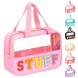 eurovicky Chenille Letter Patch Clear Makeup Bag, Preppy Nylon Makeup Bag with Handle and Zipper, Waterproof Large Clear Travel Toiletry Bag Storage Bag for Women (Sweet Pink-STUFF)