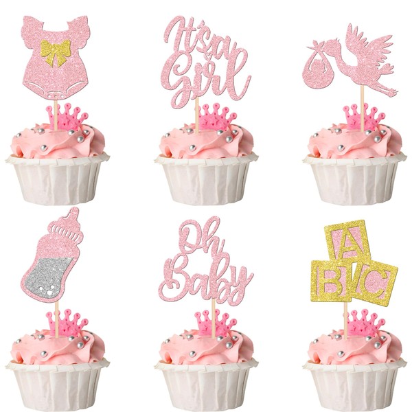 30 piezas para baby shower de Oh Baby cupcake Toppers It's a Girl con lazo con purpurina, para regalo de género, suministros para fiestas de cumpleaños, color rosa claro