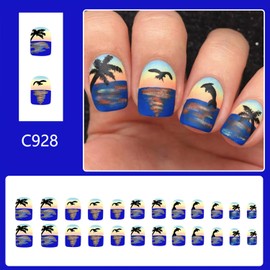 Summer Beach Press on Nails Short Square Fake Nail with Coconut Tree Seagull Designs Blue Ocean Waves False Nails Acrylic Glue on Nail Matte Full Cover Artificial Stick on Nail for Women 24 Pcs