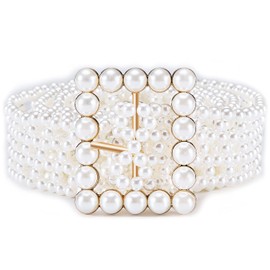 Barry.Wang 2pcs Pearl Belts Gift for Women Wedding Sash Belt for Dress Crystal Rhinestone Off White Waist Chain 95cm, X Long Square Buckle, One Size
