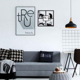 Raguso Modern Silent Black Cat Style Wall Clock Non ticking Silver Aluminum Frame Glass Cover Decorative for Bedroom Home Office Coffee Restaurant Decoration