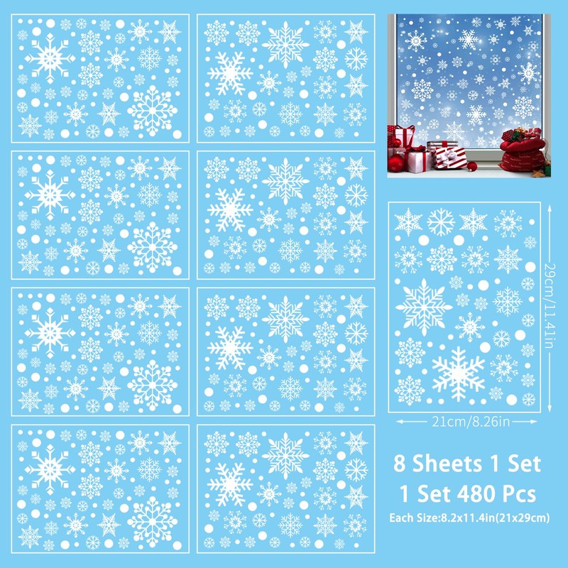 UCLEVER 480pcs Christmas Window Cling Sticker, Snowflake Santa Snowman Window