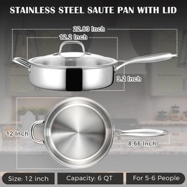 E-far Saute Pan with Lid, 12 Inch 6QT Tri-Ply Stainless Steel Deep Frying Pan, Braiser Pan & Chef Skillet, Non-toxic Cooking Pan for Induction Ceramic Gas Stoves, Heavy Duty, Oven & Dishwasher Safe