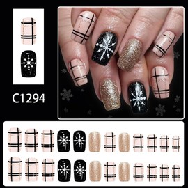 Winter Press on Nails Short Almond Fake Nails Gold Glitter Stick on Nail Christmas False Nail with Design Snowflake Checkered Nail Tips Pree ons Full Cover Reusable Xmas Nails for Women Manicure 24Pcs