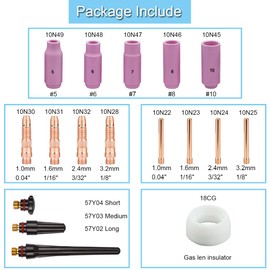 EATBALE For TIG Torch Consumables Accessories Kit for TIG Welding Torch QQ300 PTA DB SR WP 17 18 26, Collet Body, Collet, Alumina Nozzle (#5-#10), Back Cap, Gasket (17Pcs)