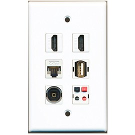 RiteAV - 2 HDMI 1 Port USB A-A 1 Port Toslink 1 Port Cat5e Ethernet White 1 Port Speaker Wall Plate