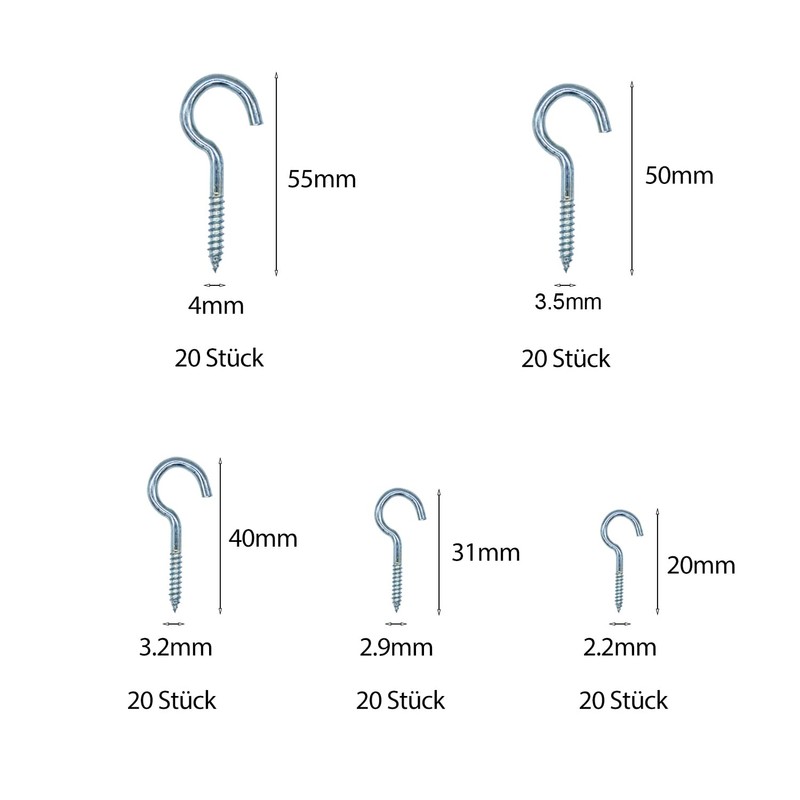 WEAXIO Pack of 100 Screw Hooks, 5 Sizes, Galvanised Metal