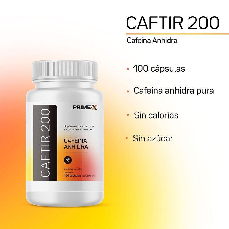Cafeína 100 cápsulas con 200 mg de Cafeína anhidra c/u,