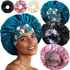3+3 Large Satin Bonnets with Scrunchies for Women, Wide Band Hair Bonnet for Sleeping Braids Curly Hair, D
