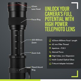High-Power 420-800mm f/8 Manual Telephoto Lens for Nikon D500, D600, D610, D700, D750, D800, D810, D850, D3100, D3200, D3300, D3400, D3500, D5000, D5200, D5300, D5500, D5600, D7100, D7200, D7500