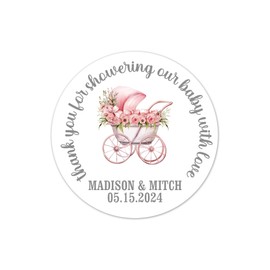 Baby Shower Thank You for Showering Our Baby With Love Stickers 1 inch Round, Pack of 63 Pink Carriage Labels for Favor Bags and Boxes - BB43