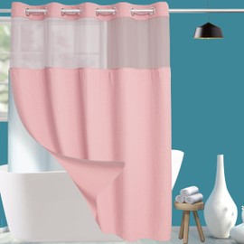Pink Hotel Grade Fabric Shower Curtain Set with Snap in Liner for Bathroom with See Through Top Window, Waffle Weave Shower Curtain, Machine Washable (Waffle-Pink,71W x 74H)