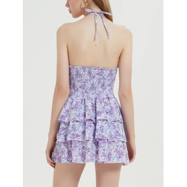 Mebius Womens Floral Mini Dress Summer Criss Cross Halter Backless Preppy Smocked Waist A Line Short Ruffle Dresses Picnic Beach Sundress Purple S