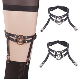 Yuarmi 2Pcs Adjustable Leather Thigh Garter,Punk Gothic Garter with Metal Anti-Slip Clips for Women,Elastic Pentagram Shaped Thigh Garter for Thigh high Socks(Black)