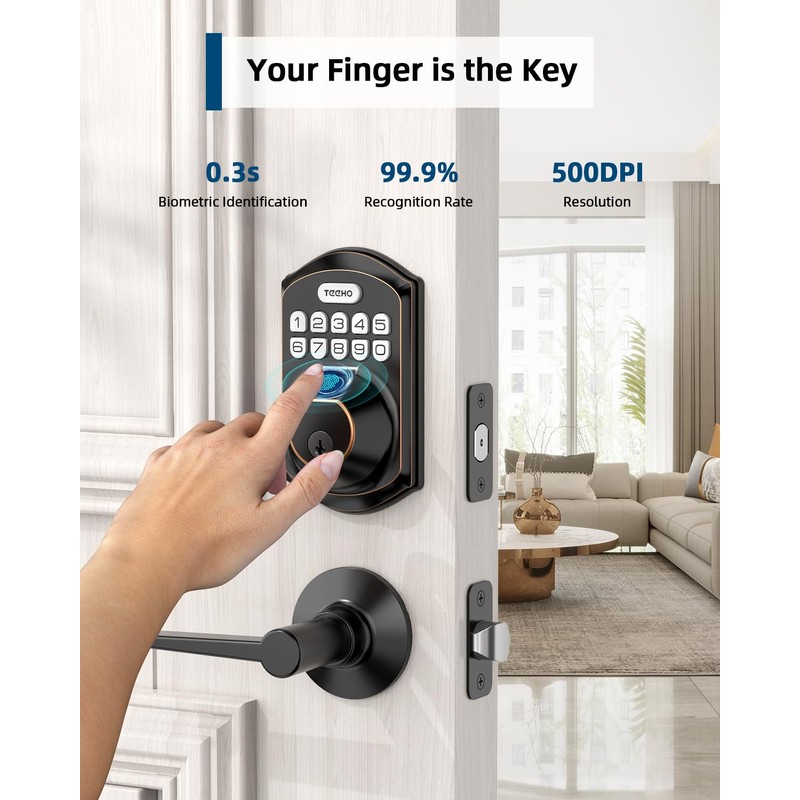 TEEHO TE002L Fingerprint Door Lock with 2 Lever Handles, Keyless