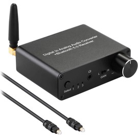 Convertidor digital a analógico de 192 kHz, receptor Bluetooth 5.0 DAC con amplificador de auriculares de 16 a 300 Ω, salida de audio óptico/coaxial a RCA de 3.5 mm con control de volumen para TV