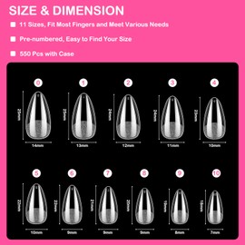 Nail Tips, Almond, Pack of 550 Tips for Gel Nails, 11 Sizes, Full Cover Gel Nail Tips, Pre-Polished Artificial Nails, Nail Extension for Nail Technicians, Beginners and Nail Art Studios