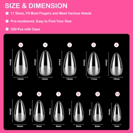 Nail Tips, Almond, Pack of 550 Tips for Gel Nails, 11 Sizes, Full Cover Gel Nail Tips, Pre-Polished Artificial Nails, Nail Extension for Nail Technicians, Beginners and Nail Art Studios
