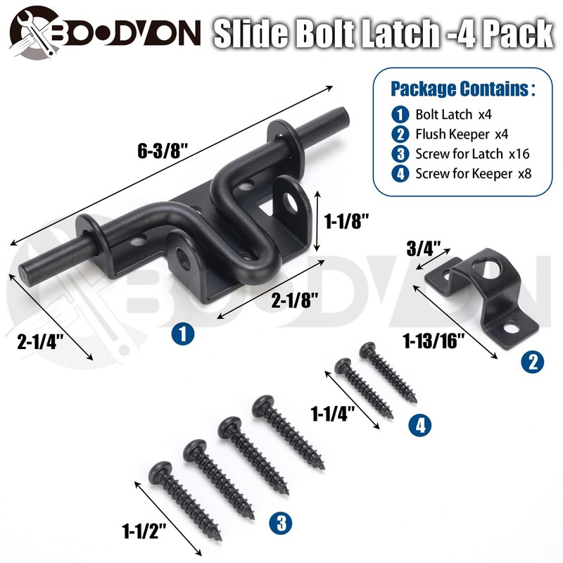 BOODVON Slide Bolt Gate Latch for Wooden Fence, Sliding Bolt