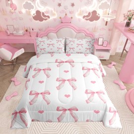 Feelyou Bowknot Comforter Set Twin Size Bow Tie Butterfly Knot Princes Comforter Dreamy Princess Style Bedding Set Cartoon Bowknot Duvet Set Pinky White Quilt Set