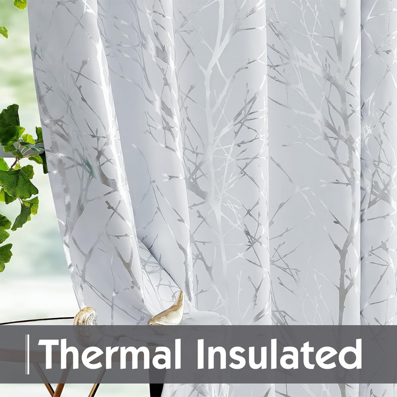 FMFUNCTEX 100% Blackout Curtains Siver Tree Branch Curtains for Living