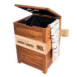 Wooden Laundry Hamper With Lid, Handles And Removable Liner Bag, Tall 90L - Large Wood Laundry Basket - Dirty Clothes Hamper For Bed Room Aesthetic, Bathroom, Laundry Room