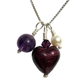 Purple Murano Glass Heart Amethyst Sterling Silver Pearl Charm Necklace. Gift Wrapped Jewellery by Lesley H Phillips