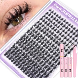 Manga Cluster Lashes Extension Set for DIY Eyelash Extensions, Spiky Anime Style for Cat Eye & Doll Eye Looks, 210 PCS Lash Clusters with Bond & Seal and Tweezers, D Curl 9-16mm, LANKIZ