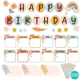 Decorably 97 Pcs Cutouts Boho Birthday Bulletin Board Decorations Set with Borders, Boho Classroom Decor