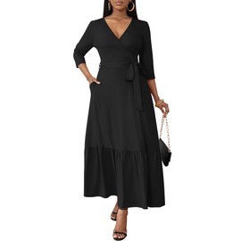 FANDEE Women Casual Summer Dresses 2024 Spring V Neck Ruffle 3/4 Sleeve Solid Boho Flowy Maxi Dress Black,XX-Large