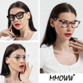 MMOWW Oprah Style Reading Glasses for Women 3 Pack Blue Light Blocking Computer Square Readers with Spring Hinge(Black/Pink Tortoiseshell/Transparent +3.5)