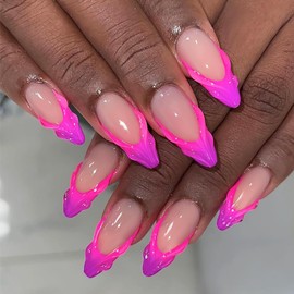 24 Pcs Almond Press on Nails Medium Fake Nails Kit Pink French Tip False Nails with 3D Design Almond Nail Tips Acrylic Nails Press ons Glossy Holiday Glue on Nails Reusable Stick on Nails for Women