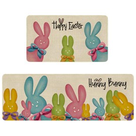 Cute ​Rabbit Happy Easter Kitchen Rugs Set of 2,Colorful Hunny Bunny Kitchen Mats for Floor, Spring Summer Holiday Kitchen Decoration Sink Mats Decor Doormat+Runner Rug