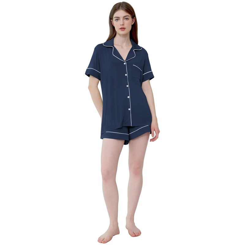 Womens Short Sleeve/Pj/Sleep Shorts Set Button From Pajamas Soft Comfy(Navy