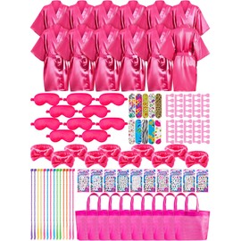 Xuhal 92 Pcs Spa Party Favors for Girls Slumber Party Supplies Kids Satin Robes Sleepover with Gift Bags for Girl Kids Birthday Gifts Total 10 Sets(Rose,10)